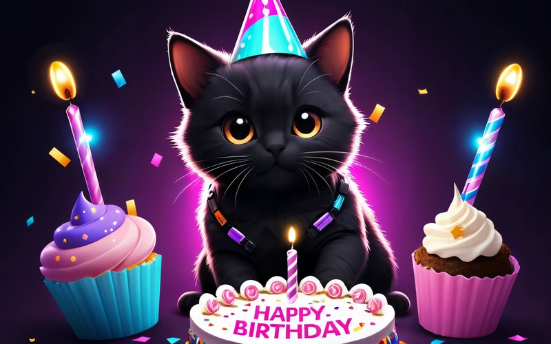 A black cat sitting in front of a Birthday cake with candles on it and a cupcake with a candle in it and a Birthday hat on top, cute and funny, a pastel, furry art
