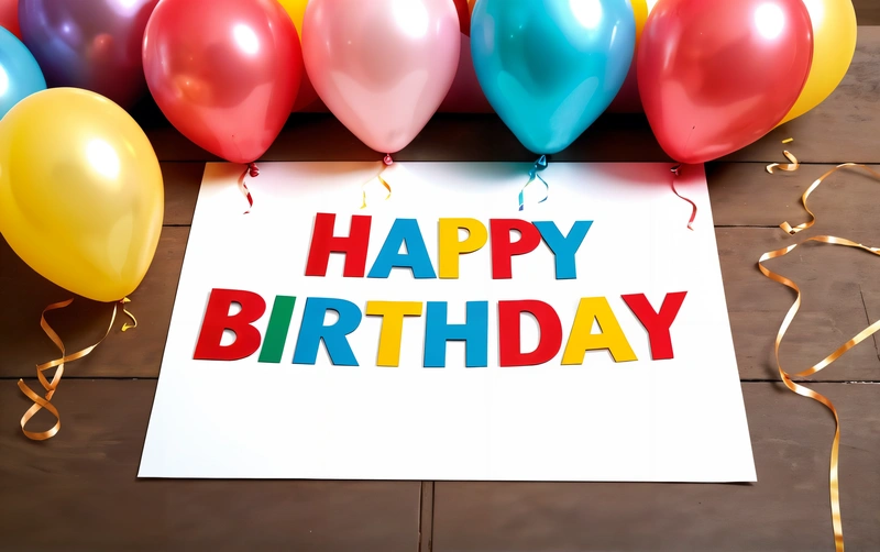 A Birthday card with balloons and streamers on a table with a card that says happy Birthday on it and a bunch of balloons around it, plain background, a pastel, international typographic style