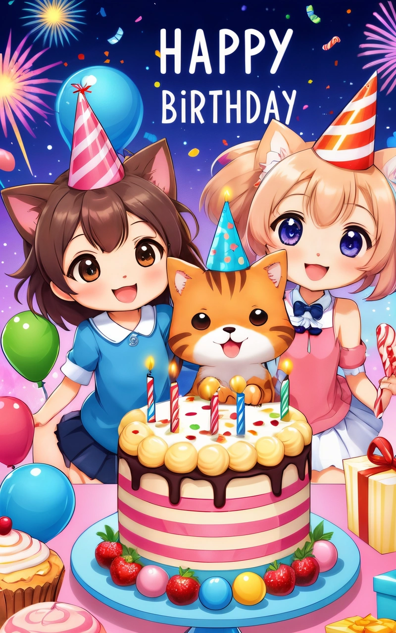 A Birthday card with two girls and a cat and a cake with candles and balloons on it and a cat sitting on the table with a girl, official art, a detailed drawing, sots art