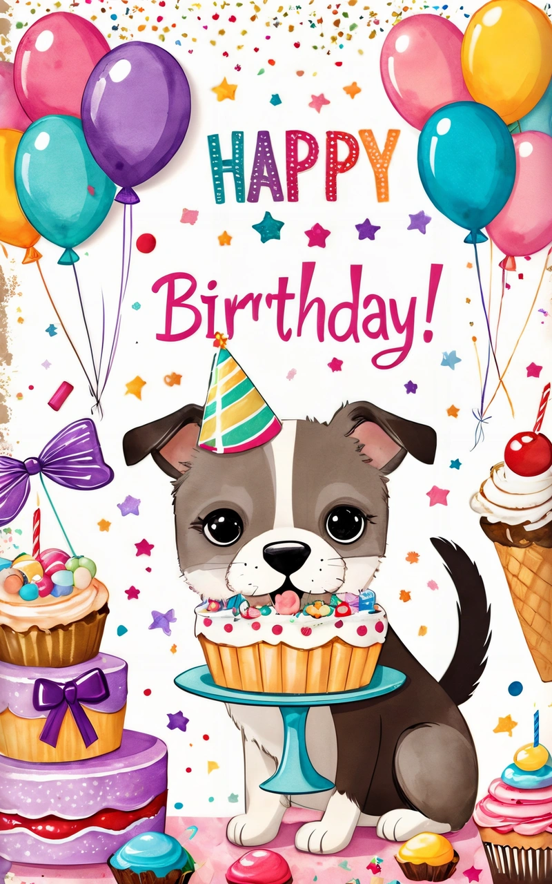 A Birthday card with a dog holding a cupcake and balloons in front of a cake with a candle on it and a Birthday hat on top, plain background, a pastel, naive art