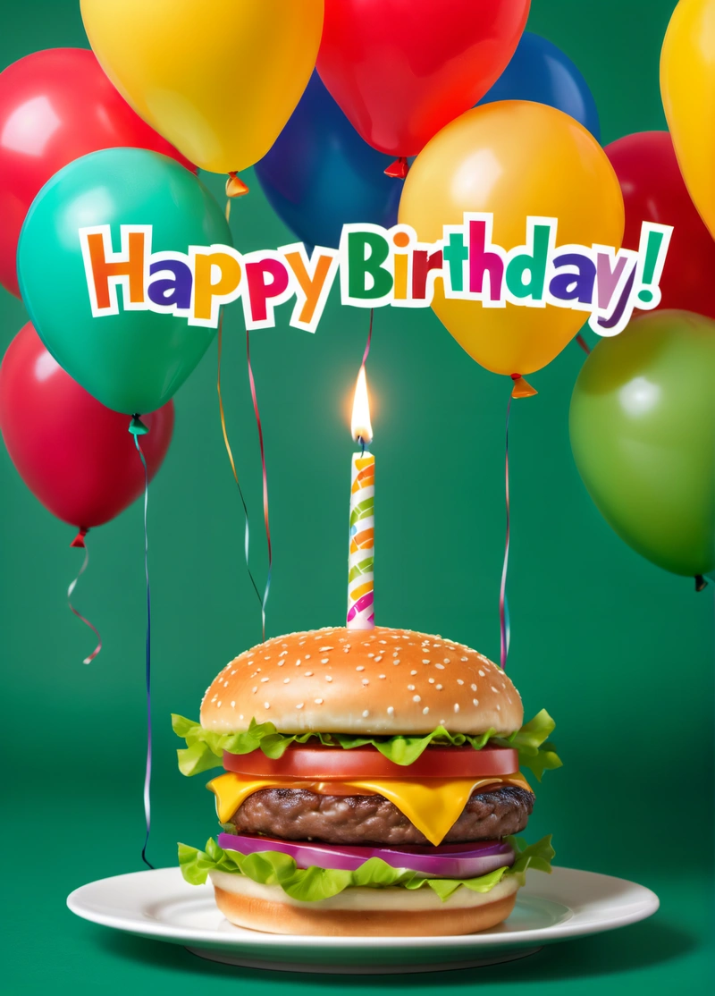 A hamburger with a Birthday candle on it and balloons in the background with a happy Birthday message on it that says happy Birthday, with a hamburger, promotional image, a pastel, net art