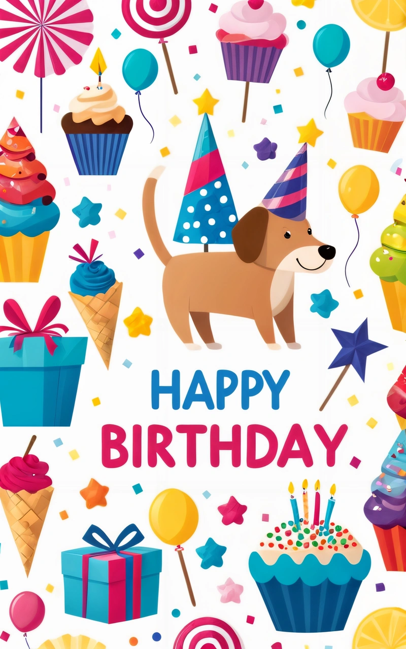 A Birthday card with a dog and cupcakes on it, and a Birthday hat on top of the card is surrounded by cupcakes and balloons, plain background, a digital rendering, naive art
