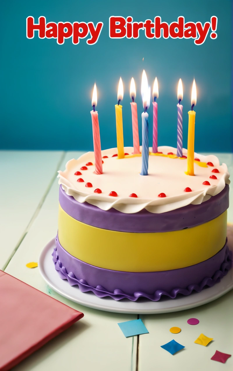 A Birthday cake with lit candles on a table with confetti and confetti sticks on it and a blue background with a happy Birthday message, pastel, a pastel, photorealism
