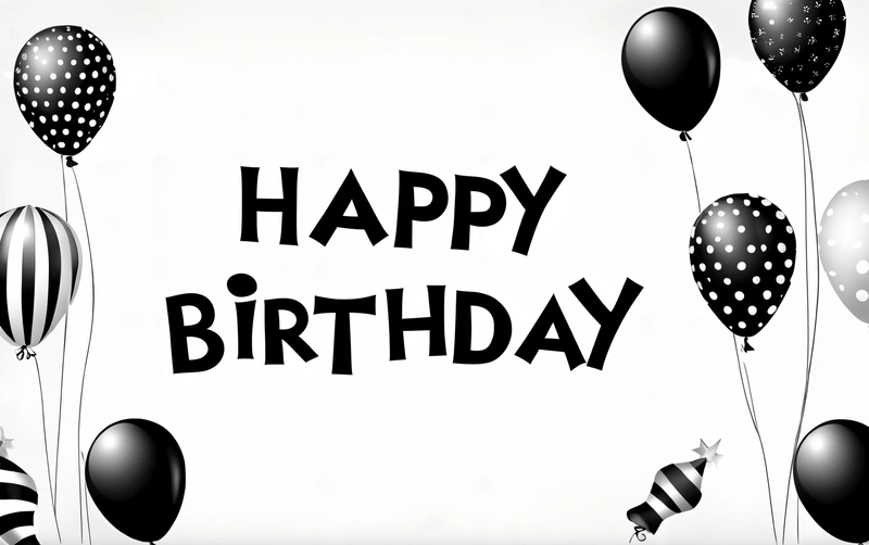 A Birthday card with balloons and a happy Birthday message on it's side, with a black and white background and a black and white design, grey background, a pastel, video art
