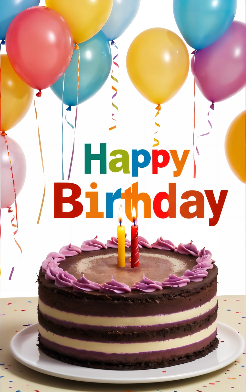 A Birthday cake with candles and balloons on a table with a happy Birthday message on it that says happy Birthday with a cake and balloons, plain background, a pastel, international typographic style