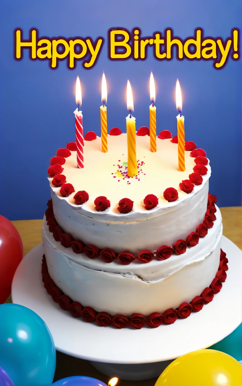 A Birthday cake with candles and balloons on a table with a blue background and a happy Birthday message in the middle of the cake is a, candles, a pastel, dau-al-set
