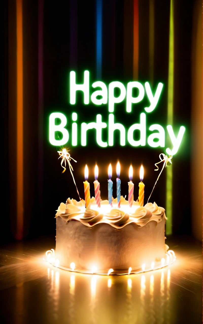 A Birthday cake with lit candles on a table with a neon sign in the background that says happy Birthday on it's side of the cake, plain background, a pastel, international typographic style