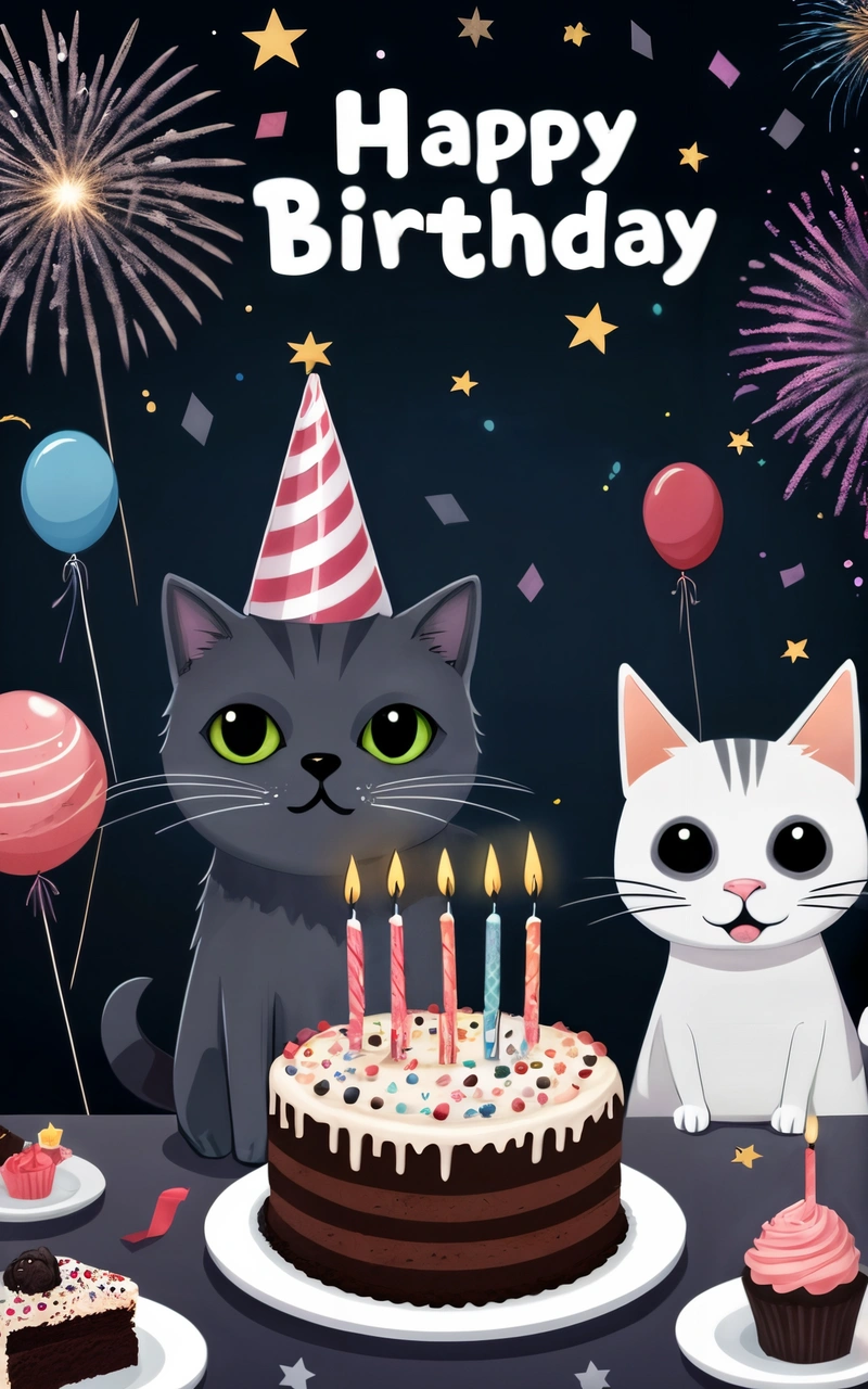 A cat and a cat sitting in front of a Birthday cake with candles on it and a cat sitting next to it with a cat and a cat with a Birthday hat on it, happy, a pastel, net art