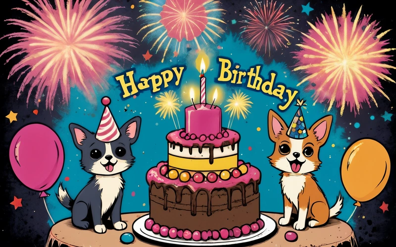 A Birthday card with two dogs and a cake with candles and balloons on it, and fireworks in the background, and a Birthday cake with a dog and a cat, plain background, a pastel, furry art