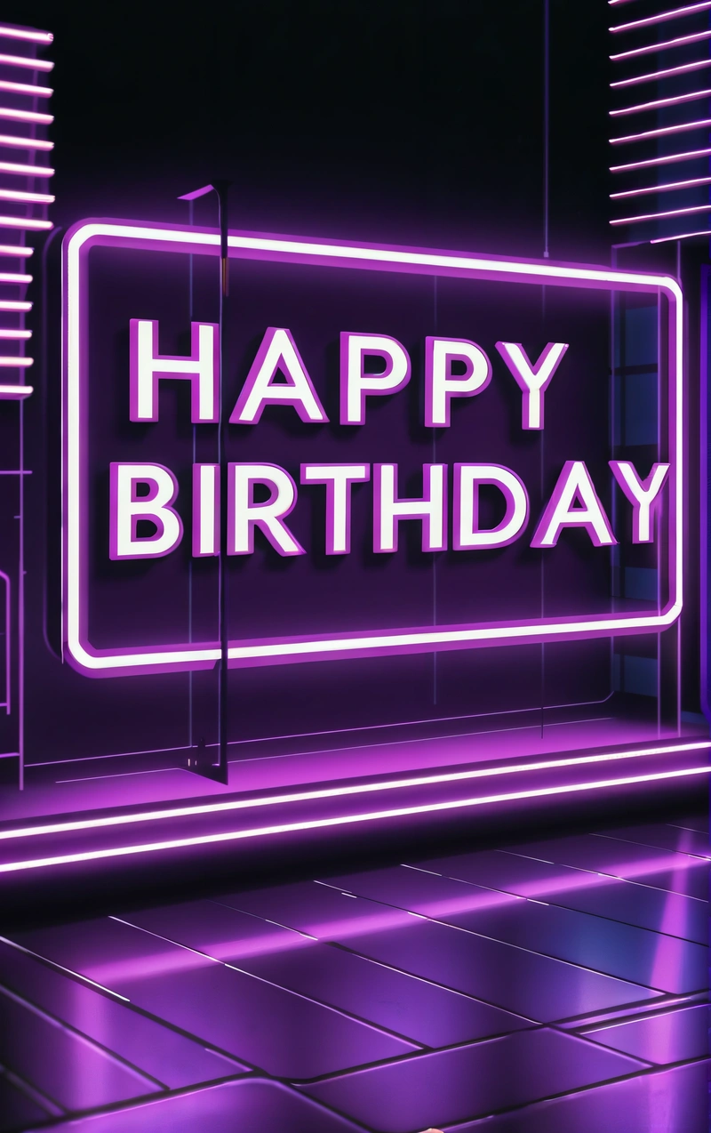 A neon sign that says happy Birthday in a dark room with a tiled floor and a tiled floor below it is a purple neon sign that says happy Birthday, neon lighting, a 3d render, video art