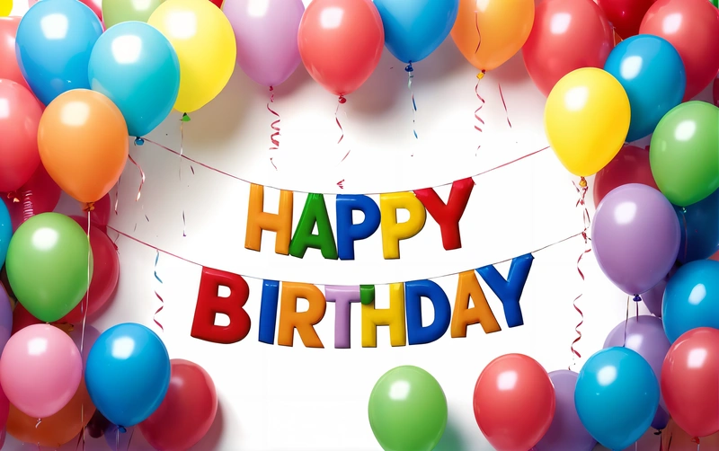 A Birthday card with balloons and a banner that says happy Birthday on it with a string of balloons in the middle of the card and a white background, plain background, a pastel, international typographic style