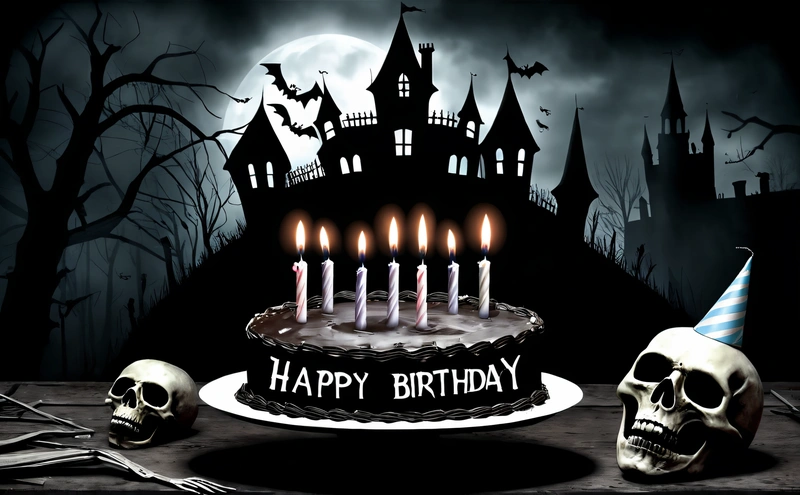 A Birthday cake with candles and a skull on a table with a full moon in the background and a creepy castle with a full moon in the background, horror theme, a pastel, gothic art