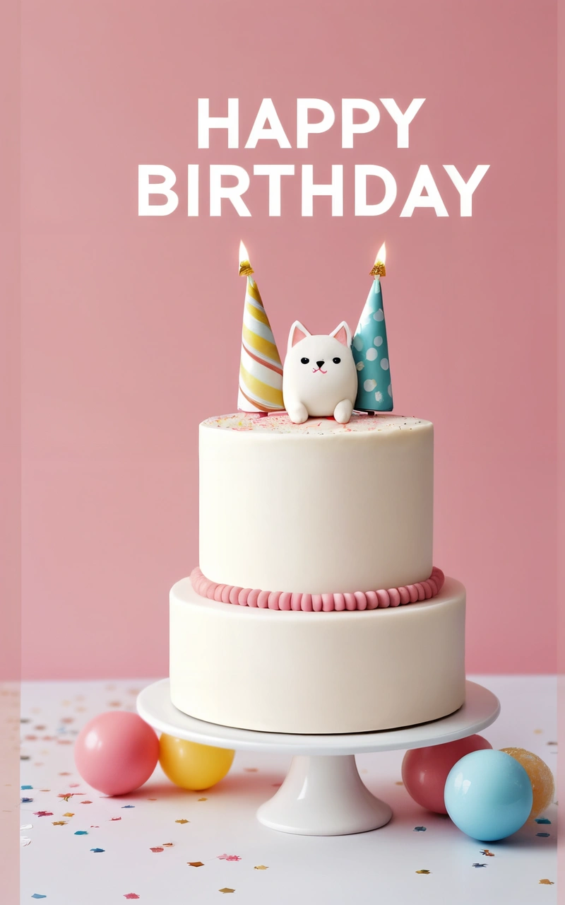 A Birthday cake with a cat on top of it and a happy Birthday card in the background with confetti and balloons on the bottom, plain background, a pastel, international typographic style