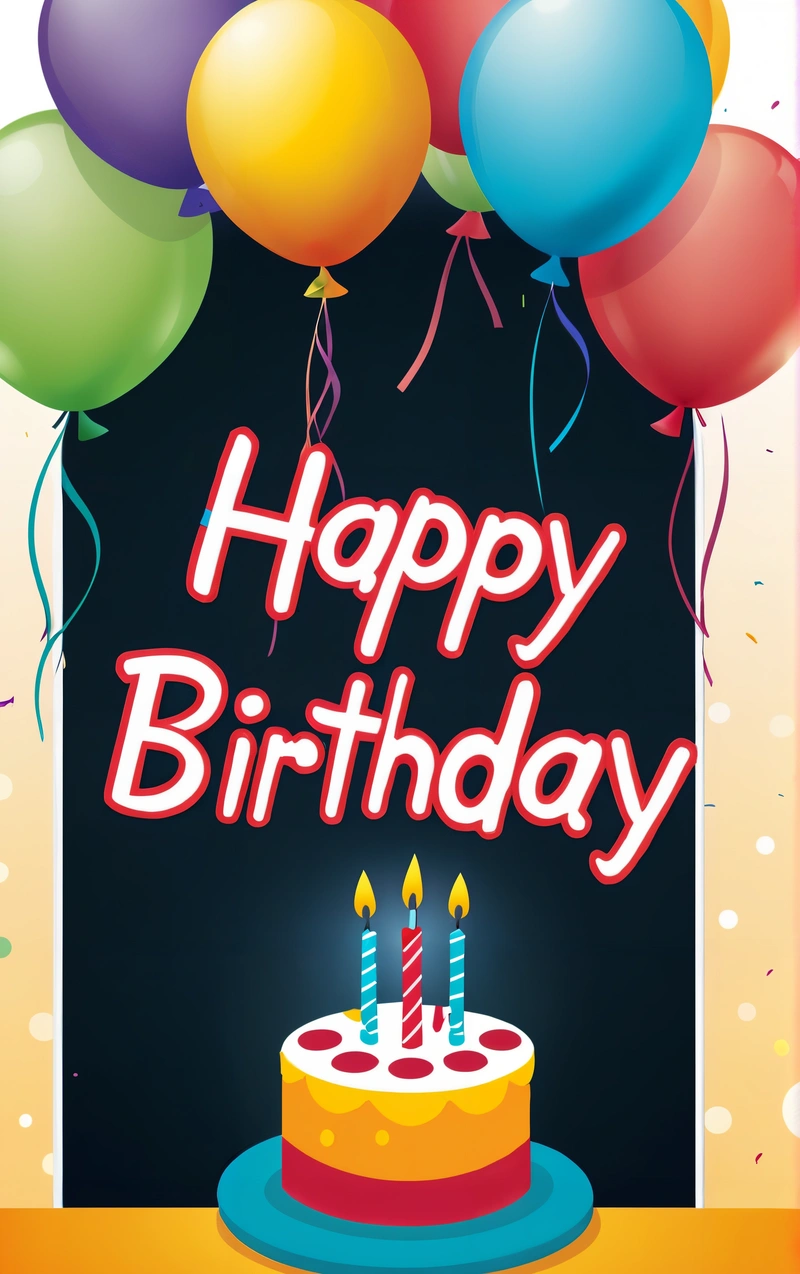 A Birthday card with a Birthday cake and balloons on it with the words happy Birthday written in the middle of the card and the candles lit, plain background, a pastel, international typographic style