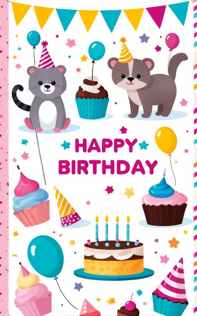 A Birthday card with a bear and a cake on it with balloons and stars around it and a happy Birthday message in the middle of the card, plain background, a pastel, naive art