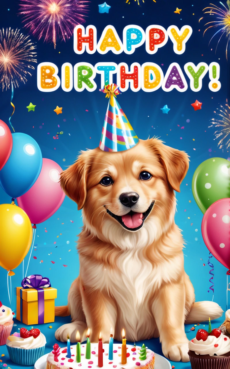 A happy Birthday card with a dog and Birthday cake with candles and balloons in the background and a Birthday cake with candles and a cupcake, cute and funny, a digital rendering, net art