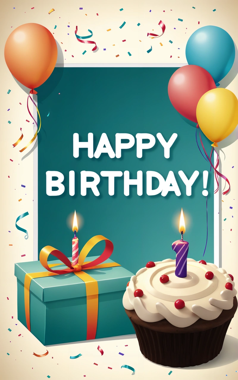 A Birthday card with a cupcake and balloons and a gift box with a candle on it and a sign that says happy Birthday with balloons, plain background, a pastel, american barbizon school