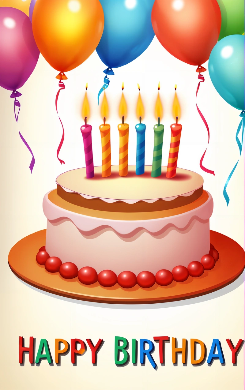 A Birthday cake with candles and balloons on it with a happy Birthday message below it that reads, happy Birthday, happy Birthday, happy Birthday, post processed, a pastel, american barbizon school