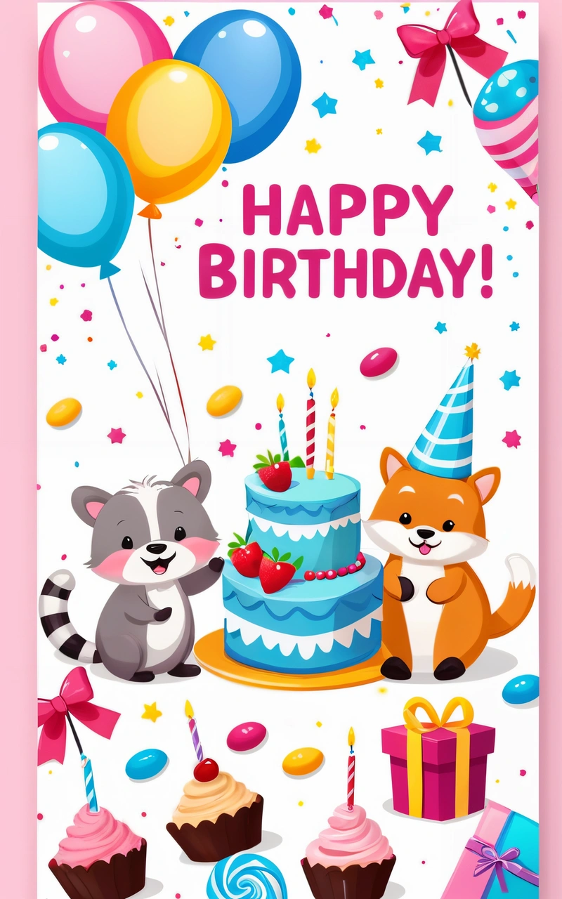 A Birthday card with a raccoon and a cake with balloons and streamers on it, and a raccoon holding a Birthday cake, plain background, a screenshot, naive art
