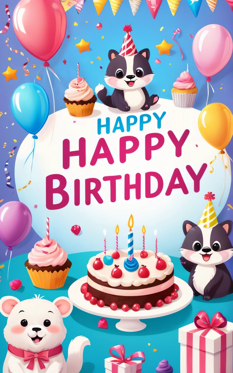 A Birthday card with a cake and animals on it and balloons and streamers around it with a happy Birthday message in the center of the card, plain background, a pastel, naive art