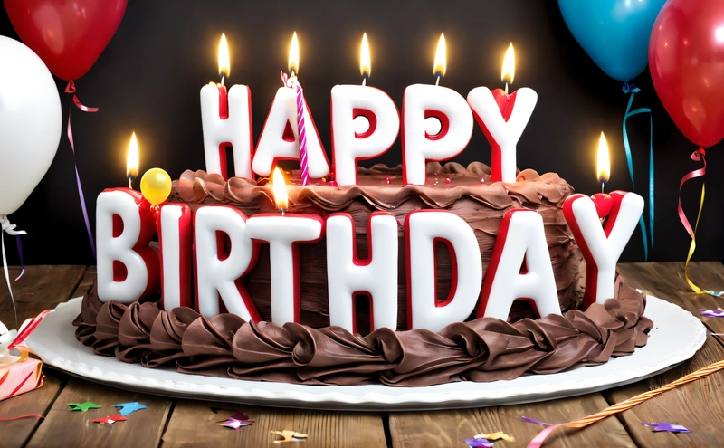 A Birthday cake with candles that spell out happy Birthday on it with balloons and streamers around it on a wooden table with a black background, 3 d render, a 3d render, international typographic style