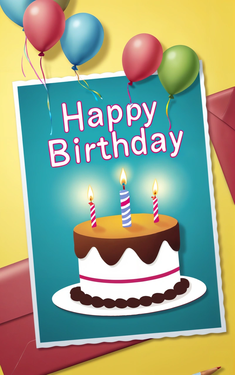 A Birthday card with a cake and balloons on it with a happy Birthday message on it's side and a blue background with a yellow border, plain background, a pastel, american barbizon school