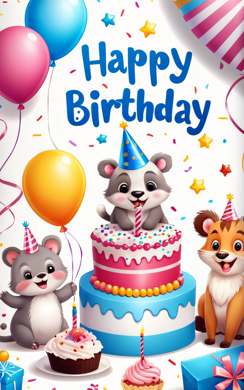 A Birthday card with a group of animals and a cake with candles and balloons on it, and a Birthday message in the middle of the card, happy, a pastel, naive art