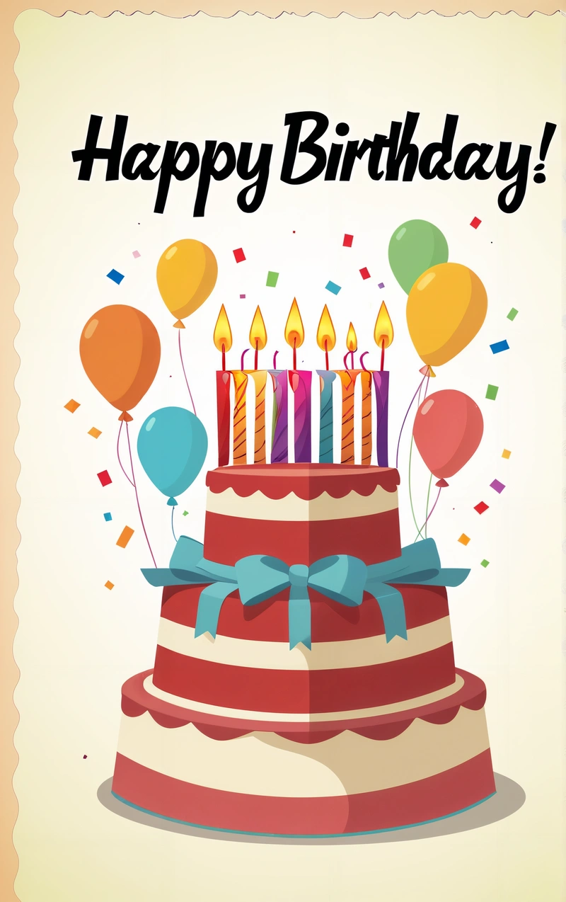 A Birthday cake with candles and balloons on it with a happy Birthday message in the middle of the card, with a blue ribbon around the cake, plain background, a pastel, american barbizon school