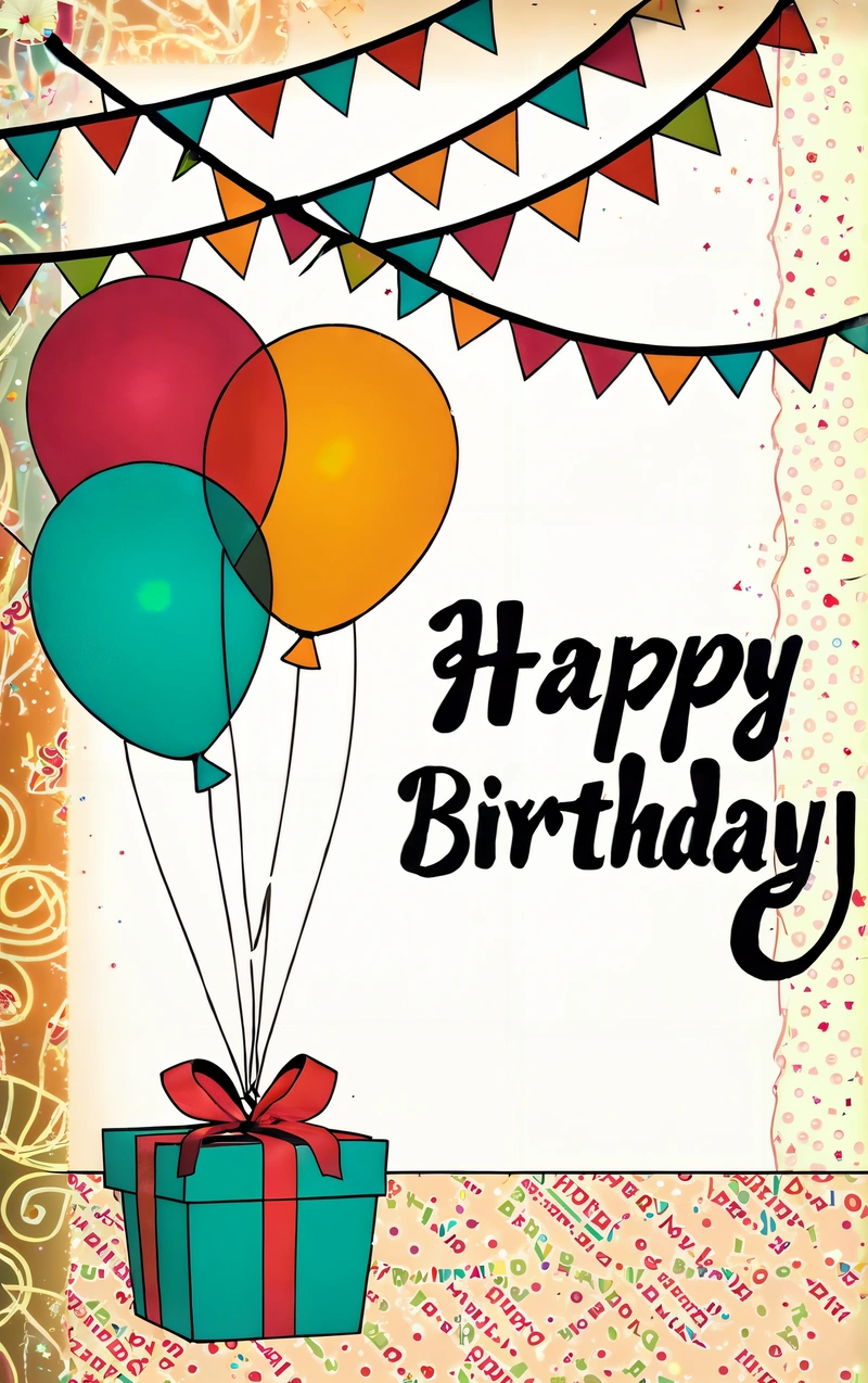 A Birthday card with balloons and a gift box on a table with confetti and streamers on it, and a happy Birthday message, plain background, a pastel, international typographic style