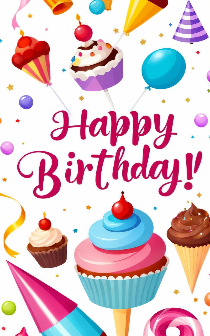 A Birthday card with cupcakes and balloons on it, and the words happy Birthday written in pink on the front of the card, plain background, a pastel, international typographic style