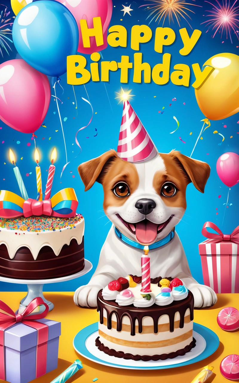 A dog is sitting in front of a Birthday cake with candles and presents on it, with a happy Birthday message in the background,, behance hd, a digital rendering, naive art