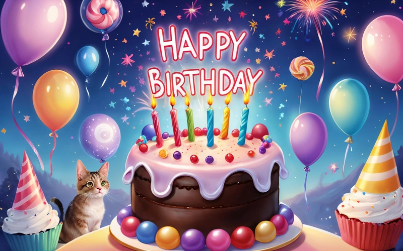 A Birthday cake with candles and a cat sitting in front of it with balloons and streamers around it and a blue sky with stars and clouds, happy, a pastel, naive art