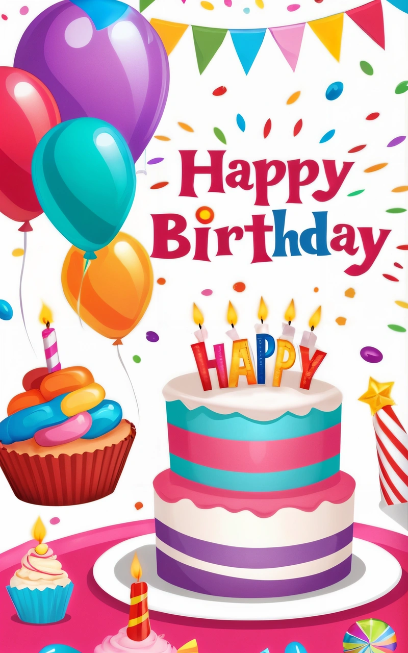 A Birthday cake with balloons and confetti on a table with a banner and streamers in the background that says happy Birthday, happy Birthday, plain background, a pastel, international typographic style