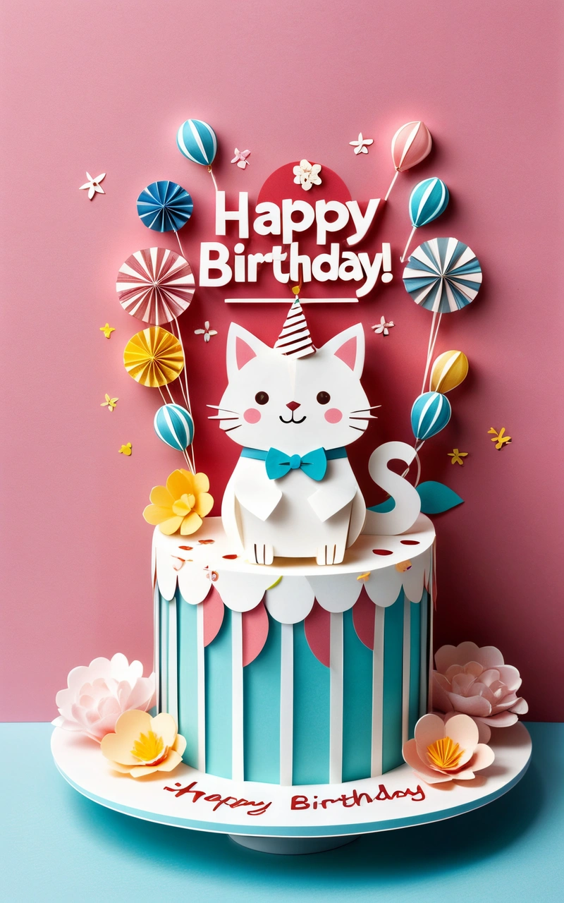 A Birthday cake with a cat on top of it and a happy Birthday sign above it on a pink background with flowers and balloons in the shape of a, paper texture, a pastel, international typographic style