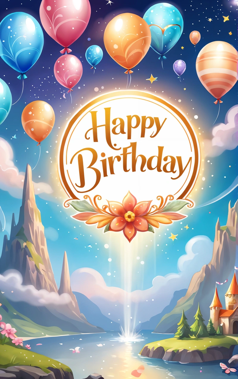 A Birthday card with balloons floating in the air and a castle in the background with a sky background and a stream of water with a flower, plain background, a pastel, naive art