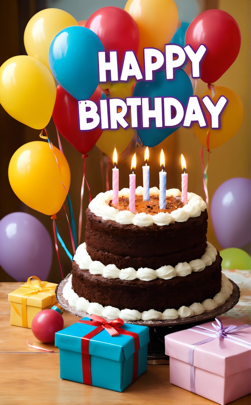 A Birthday cake with candles and balloons on a table with a gift box and a bunch of balloons in the background with the words happy Birthday written on it, plain background, a pastel, american barbizon school
