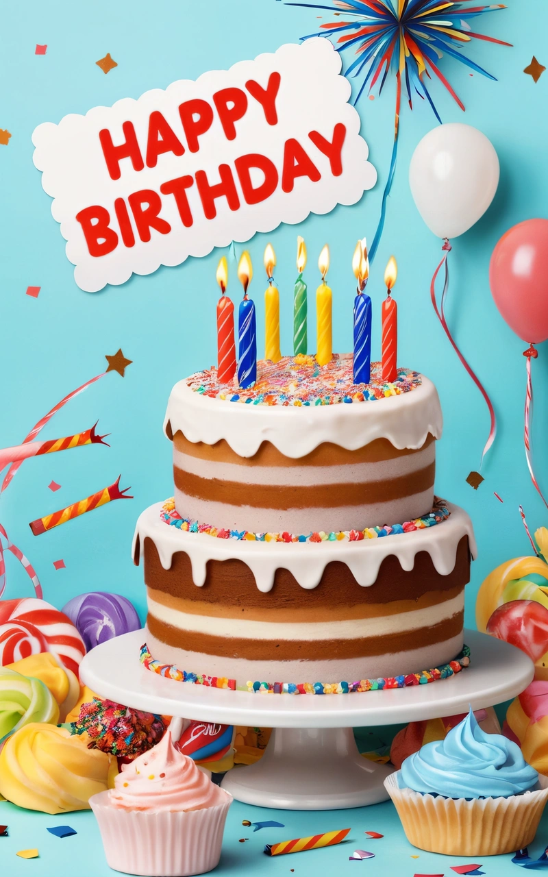 A Birthday cake with candles and cupcakes on a table with balloons and confetti on the table and a happy Birthday sign, plain background, a pastel, international typographic style