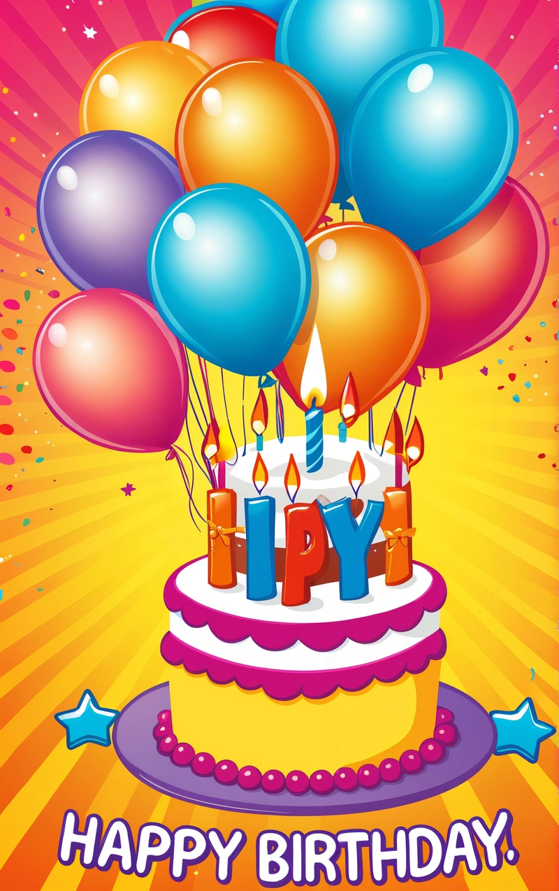 A Birthday card with a cake and balloons on it with a happy Birthday message in the middle of the card is a starburst, happy, a digital rendering, international typographic style