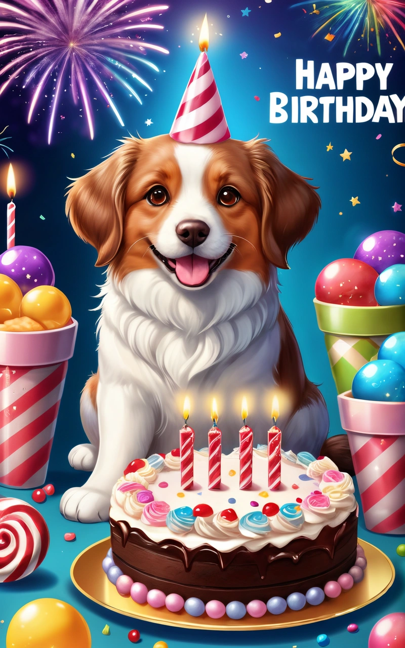 A happy Birthday card with a dog and a cake with candles and balloons in the background and a cup of coffee and a cake with candles, highly detailed digital painting, a digital rendering, furry art