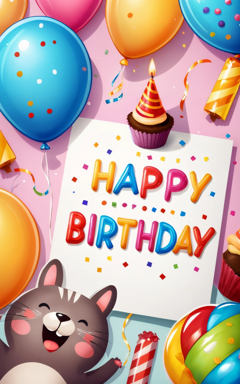 A Birthday card with a cat and balloons and a sign that says happy Birthday with a cat and balloons and a sign that says happy Birthday, plain background, a pastel, naive art