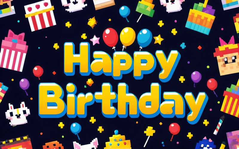 A Birthday card with a bunch of colorful objects and balloons on it, and the words happy Birthday written in blue letters on a black background, 2 d game art, pixel art, pixel art
