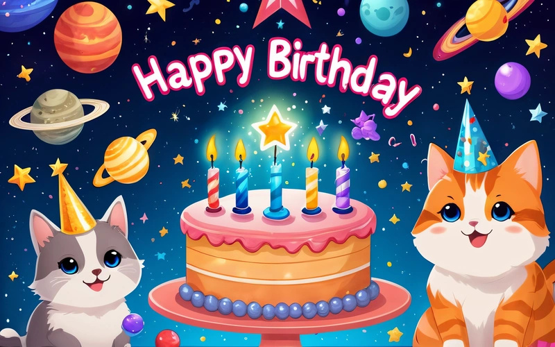 A Birthday card with two cats and a cake with candles on it and planets in the background with stars and a star on the top, happy, a pastel, space art