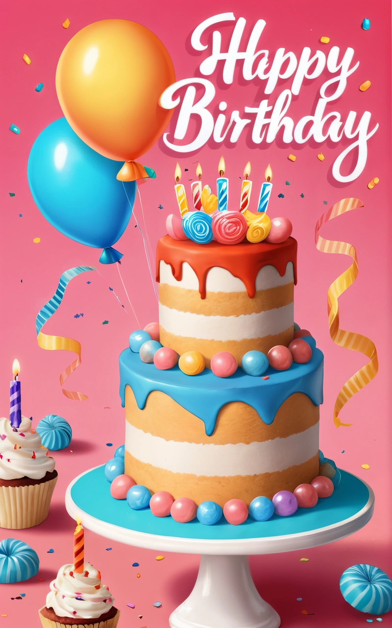 A Birthday cake with candles and balloons on a pink background with streamers and streamers around it and a pink backdrop with a pink backdrop, affinity photo, a pastel, computer art