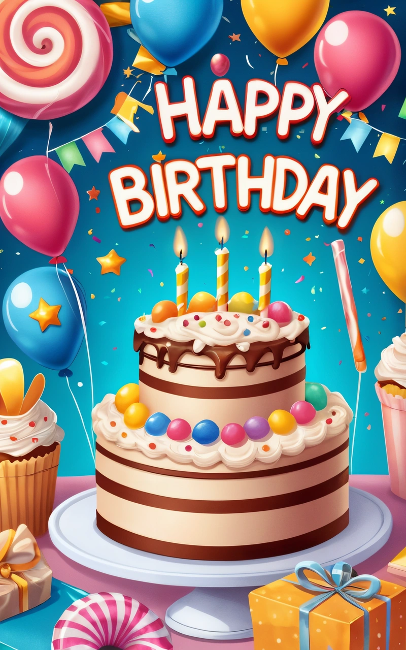 A Birthday cake with candles and balloons on a table with a blue background and a blue sky with clouds and stars and a blue sky with a few stars, plain background, a pastel, american barbizon school