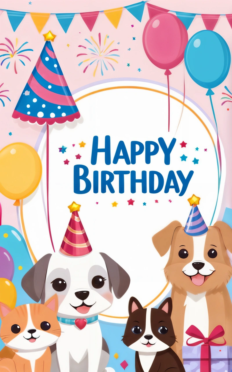 A Birthday card with dogs and balloons and a sign that says happy Birthday with a dog and balloons and a banner with a dog and a cat, plain background, a digital rendering, naive art