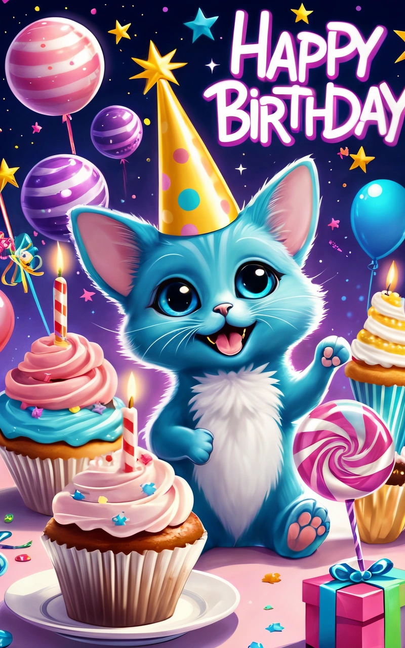 A blue kitten with a Birthday hat and cupcakes on a table with balloons and gifts around it, with a happy Birthday message, cute and funny, a pastel, furry art