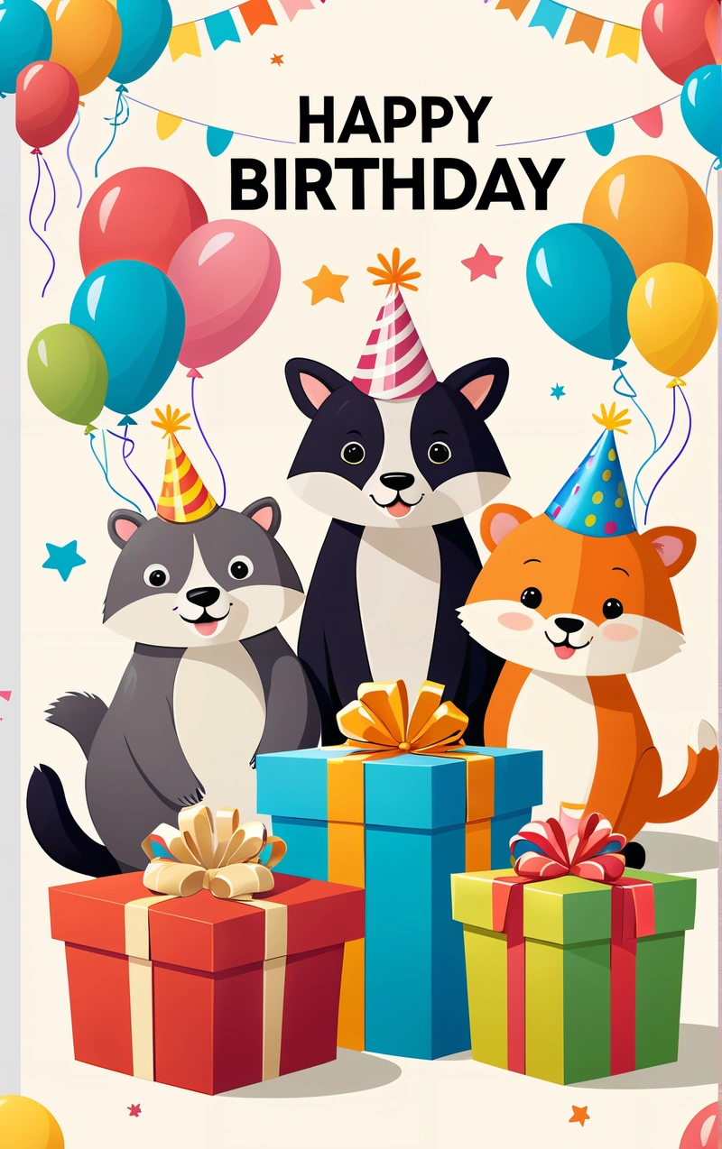 A Birthday card with three animals and presents on it, with balloons and streamers in the background, and a happy Birthday message in the middle, trending on furaffinity, a storybook illustration, furry art