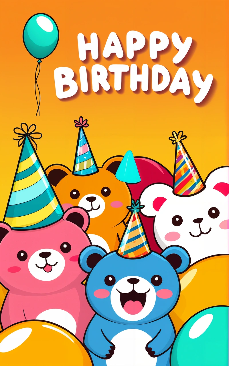 A Birthday card with a bunch of teddy bears and balloons on it, and a happy Birthday message in the middle of the card is a cartoon bear, happy, a screenshot, net art