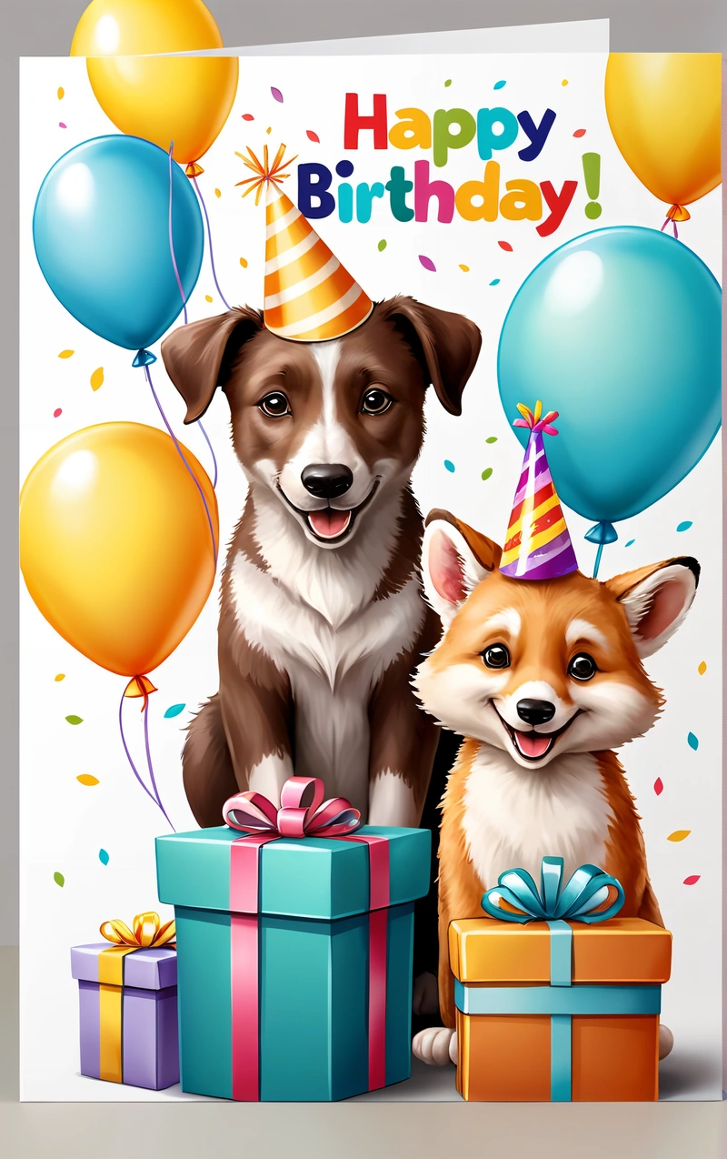 A Birthday card with a dog and a fox with balloons and a gift box with a dog on it and a Birthday hat on top, trending on furaffinity, a digital rendering, furry art