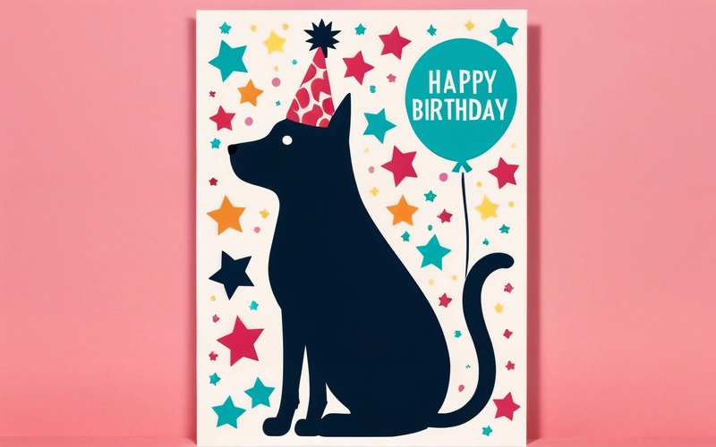A black cat with a party hat on its head holding a balloon with stars on it and a happy Birthday card in the background with a blue balloon, offset printing technique, a screenprint, naive art